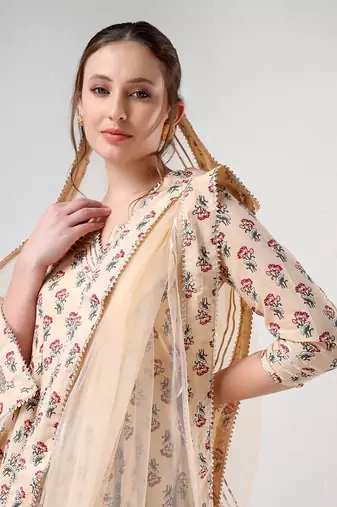 Sand floral print cotton anarkali set