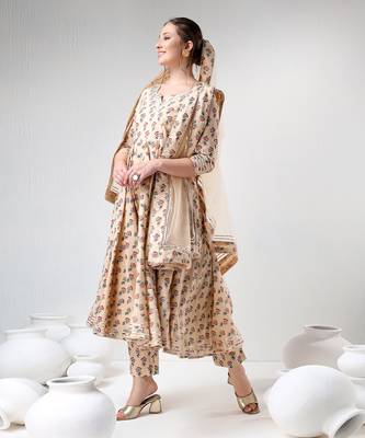 Sand floral print cotton anarkali set 5