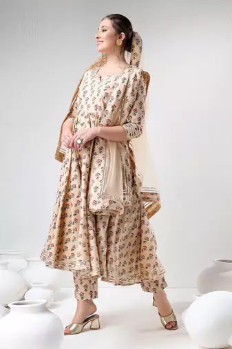 Sand floral print cotton anarkali set