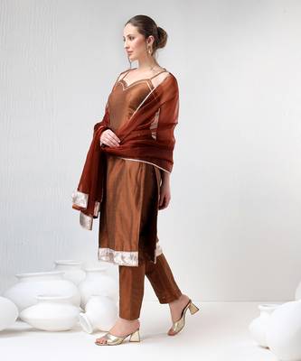 Brown cotton silk suit set 3
