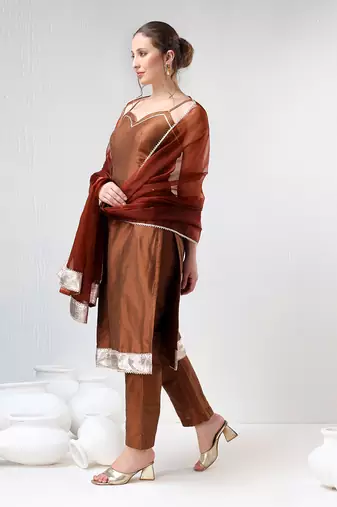 Brown cotton silk suit set