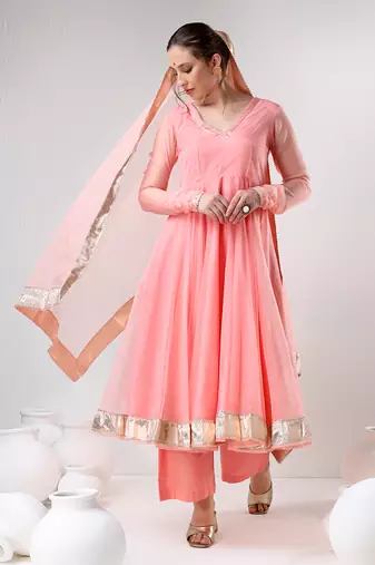 Peach organza gotta work anarkali set