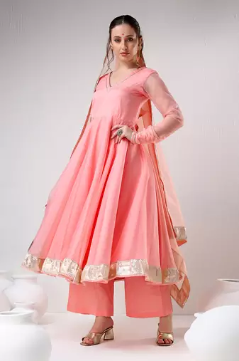 Peach organza gotta work anarkali set