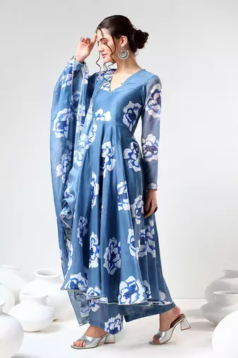 Powder blue carnation organza anarkali set