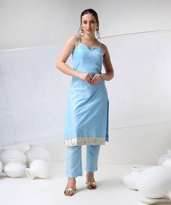 Aqua blue cotton silk suit set 2