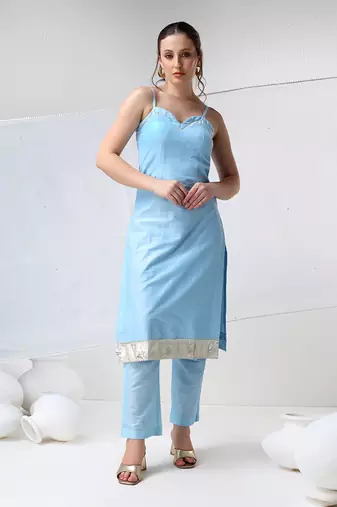 Aqua blue cotton silk suit set
