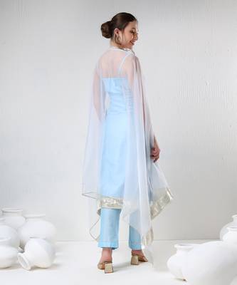 Aqua blue cotton silk suit set 3