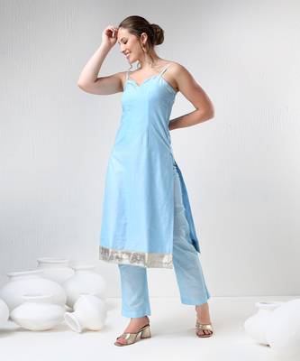 Aqua blue cotton silk suit set 4