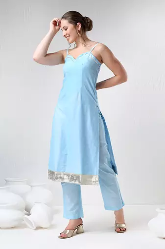 Aqua blue cotton silk suit set