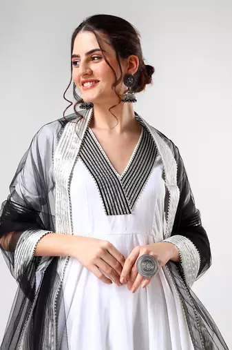 White and black cotton anarkali set