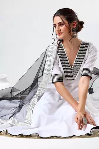 White and black cotton anarkali set