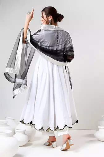 White and black cotton anarkali set