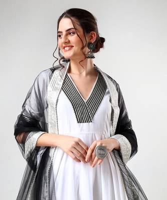 White and black cotton anarkali set 14