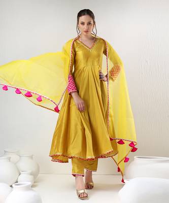 Yellow cotton silk gotta work anarkali set 2