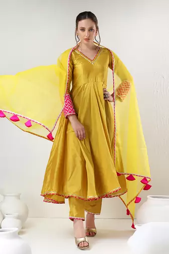 Yellow cotton silk gotta work anarkali set