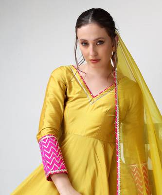 Yellow cotton silk gotta work anarkali set 3