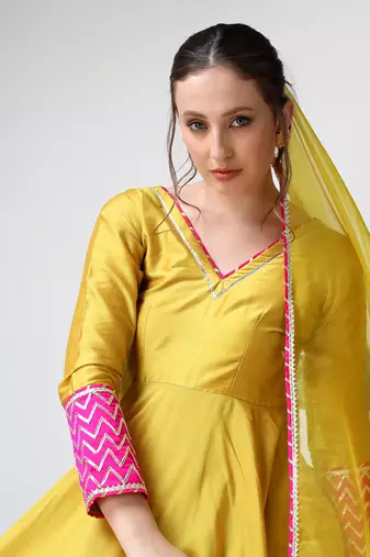 Yellow cotton silk gotta work anarkali set
