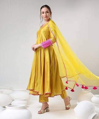 Yellow cotton silk gotta work anarkali set 4
