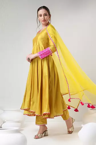 Yellow cotton silk gotta work anarkali set