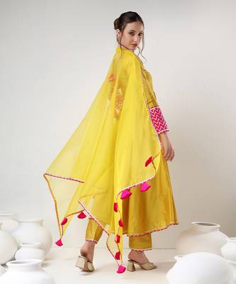 Yellow cotton silk gotta work anarkali set 5
