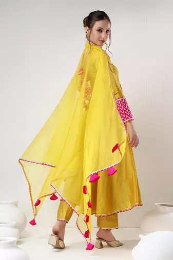 Yellow cotton silk gotta work anarkali set