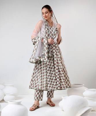 White hand block print cotton anarkali set 2