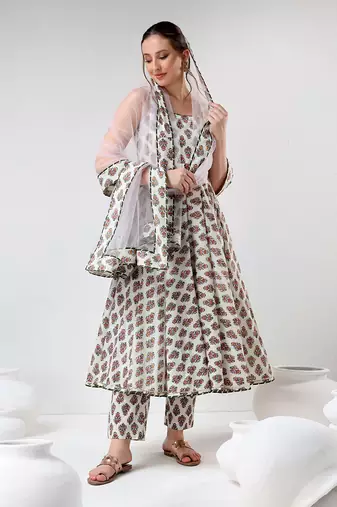 White hand block print cotton anarkali set
