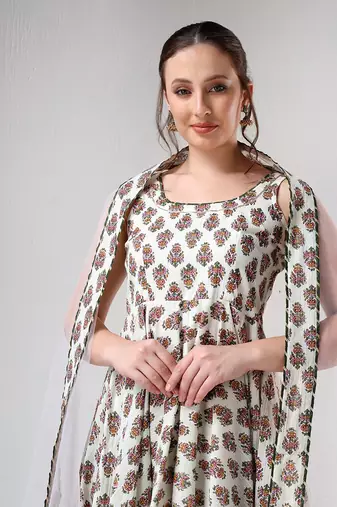 White hand block print cotton anarkali set