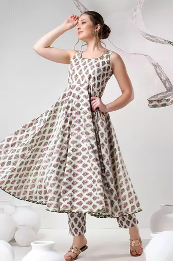 White hand block print cotton anarkali set