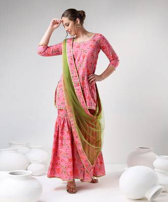 Pink floral print cotton sharara set 2