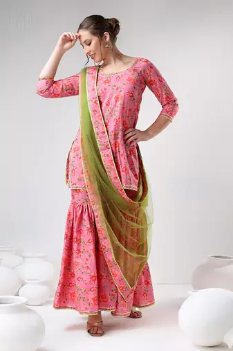 Pink floral print cotton sharara set