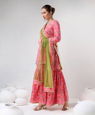 Pink floral print cotton sharara set 3