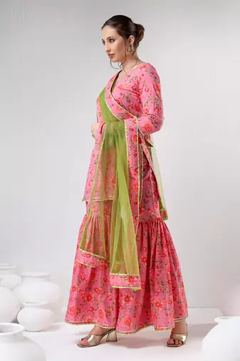 Pink floral print cotton sharara set