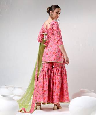Pink floral print cotton sharara set 5