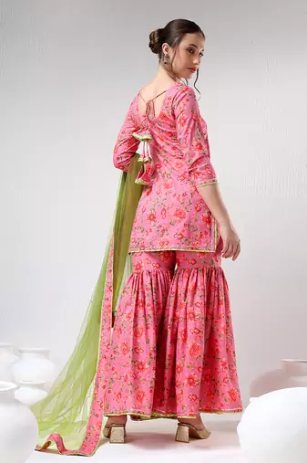 Pink floral print cotton sharara set