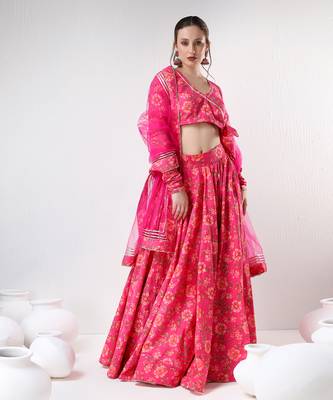 Dark Pink Floral Print Cotton Lehenga Set 1