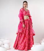 Dark Pink Floral Print Cotton Lehenga Set