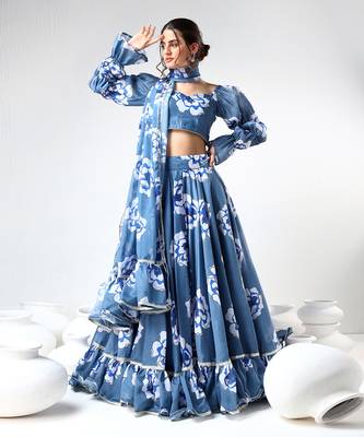 Blue Organza Printed Lehenga Set 1