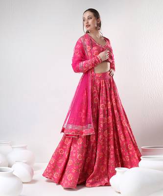 Dark Pink Floral Print Cotton Lehenga Set 2