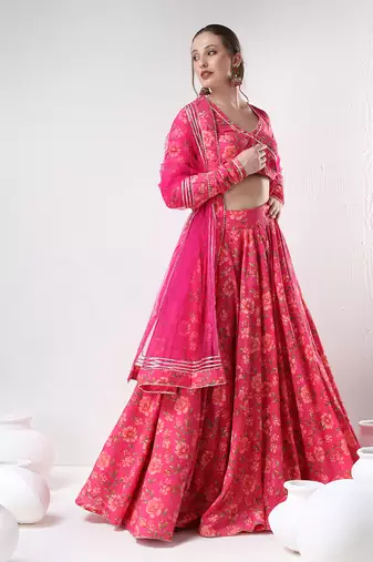 Dark Pink Floral Print Cotton Lehenga Set