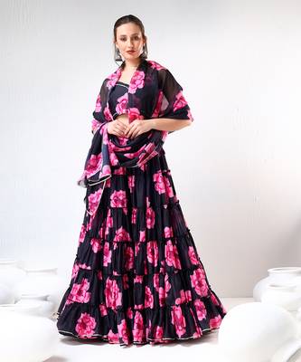 Black Carnation Organza Tiered Lehenga Set 1