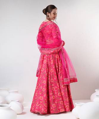 Dark Pink Floral Print Cotton Lehenga Set 3