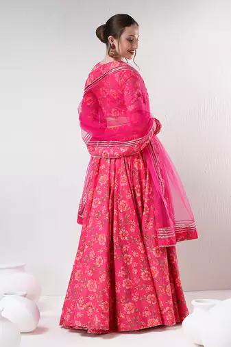 Dark Pink Floral Print Cotton Lehenga Set