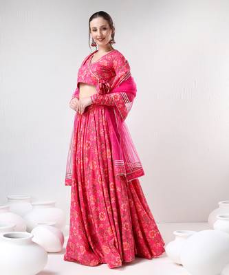 Dark Pink Floral Print Cotton Lehenga Set 4