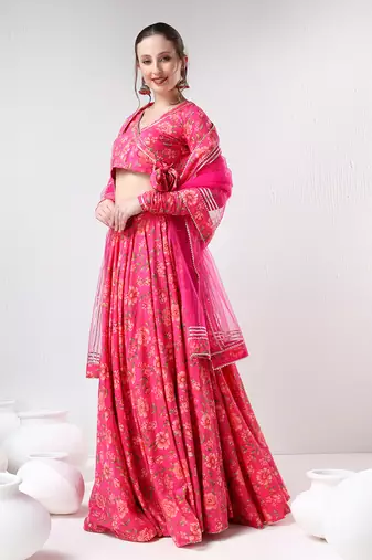 Dark Pink Floral Print Cotton Lehenga Set