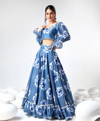 Blue Organza Printed Lehenga Set 2