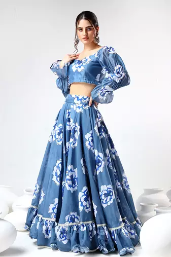 Blue Organza Printed Lehenga Set