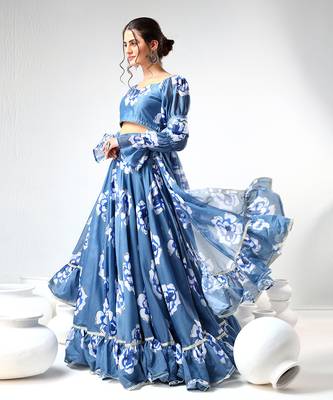 Blue Organza Printed Lehenga Set 3