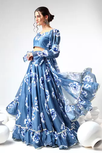 Blue Organza Printed Lehenga Set