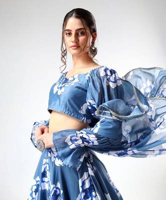 Blue Organza Printed Lehenga Set 4